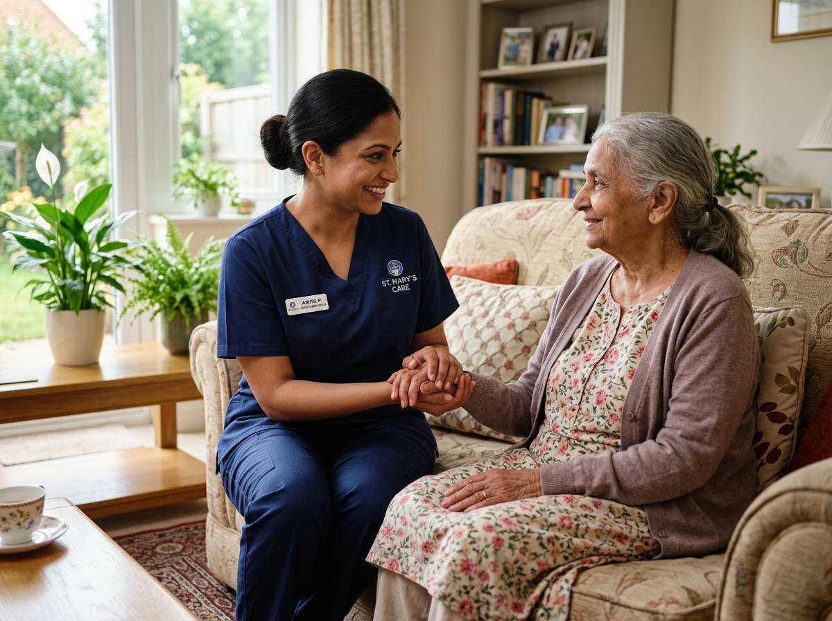 Compassionate elderly care nurse with smiling grandmother in Sri Lanka